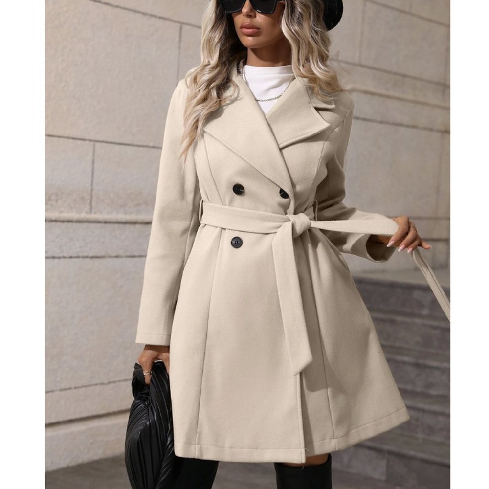 Classic Lapel Neck Double Breasted Belted Coat Beige - Picture 2 of 7